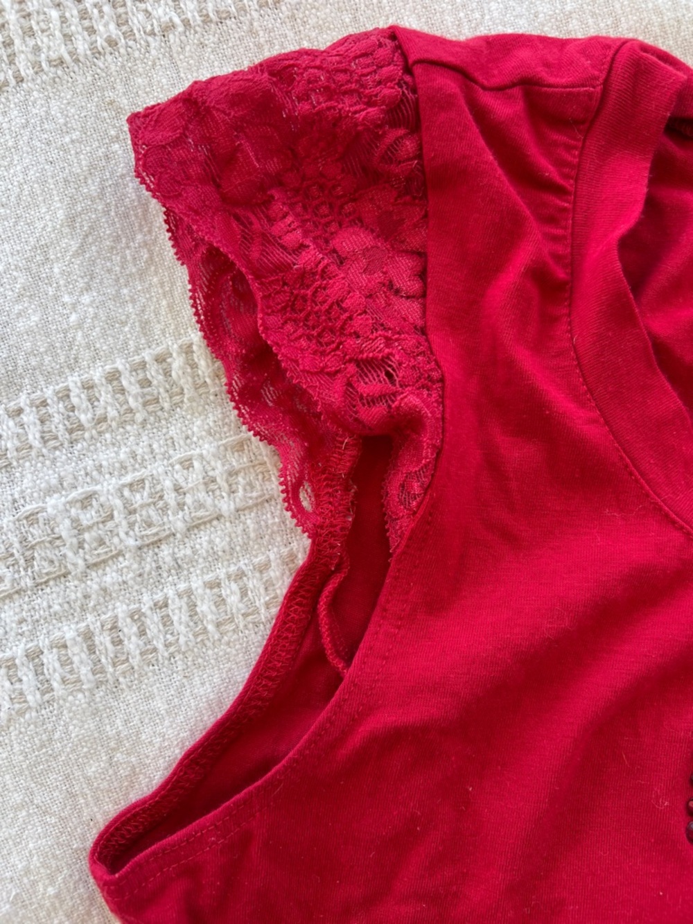 bebe Red Rhinestone Lace Sleeve Tee - Picture 3 of 6